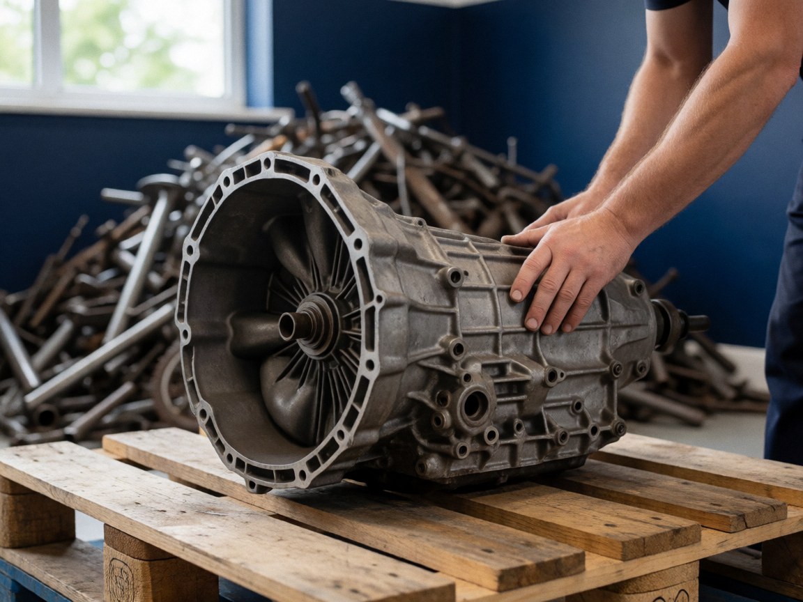 Vehicle transmission resting on a wooden pallet in a recycling workshop with metal piles and blue walls