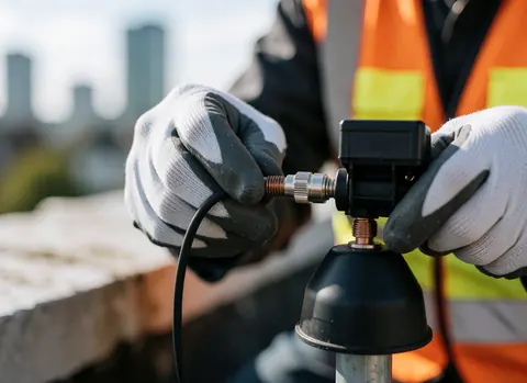 Close-up of gloved hands tightening a coaxial connector on a rooftop TV antenna with a city skyline in the background