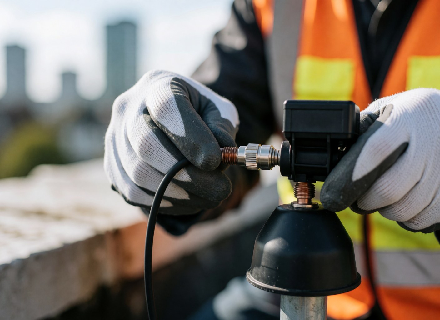 Close-up of gloved hands tightening a coaxial connector on a rooftop TV antenna with a city skyline in the background