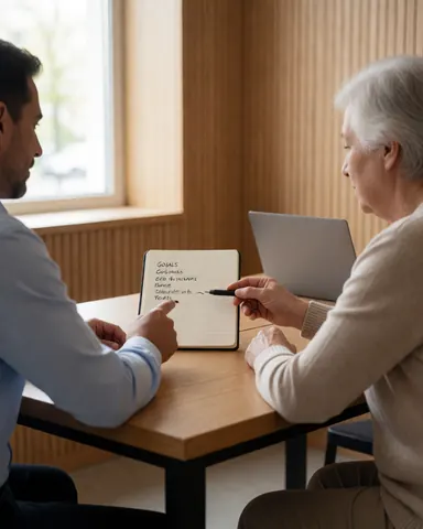 Personal trainer and older client review written goals in a notebook on a wooden table with a laptop and natural light.