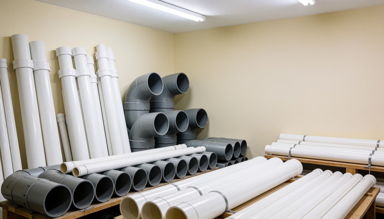 Neatly stored white PVC pipes and gray elbows in a shop with beige walls and fluorescent lighting, suitable for plumbing repair businesses.