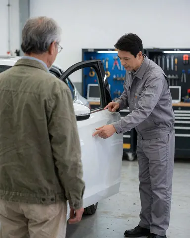 Technician in gray uniform displays a repaired white car door to a customer in a workshop with tools on the wall