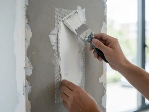 Close-up of a hand spreading white joint compound over fiberglass mesh on a drywall surface using a painting tool under natural light