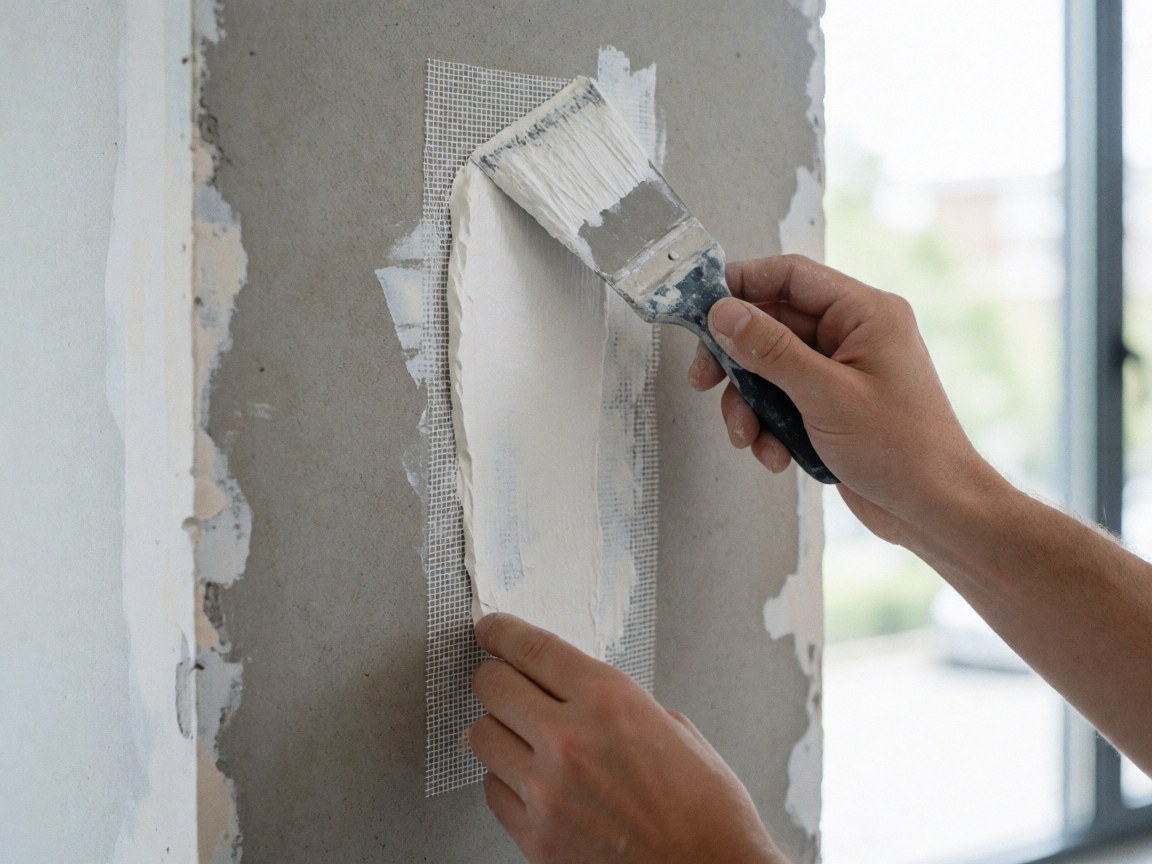 Close-up of a hand spreading white joint compound over fiberglass mesh on a drywall surface using a painting tool under natural light