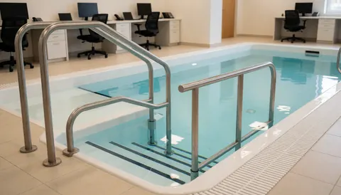 Therapeutic pool featuring stainless steel handrails and underwater access stairs with clear, calm water suitable for swimming training.