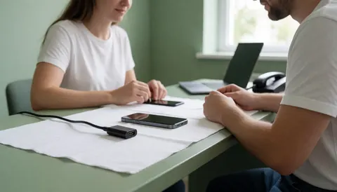 Technician and client inspect a phone with a usb-c adapter on a white cloth over a green table in natural light