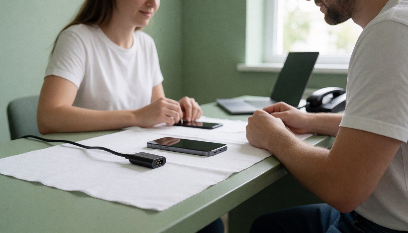 Technician and client inspect a phone with a usb-c adapter on a white cloth over a green table in natural light