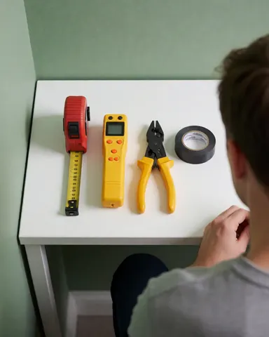 Wire cutters, electrical tape, voltage detector, and tape measure arranged on a white surface with a green wall background