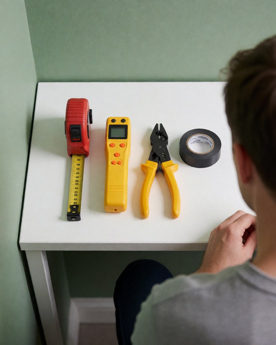 Wire cutters, electrical tape, voltage detector, and tape measure arranged on a white surface with a green wall background