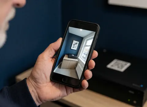 Hand holding a smartphone displaying a security camera feed in a room with navy blue walls and an NVR unit with a QR code