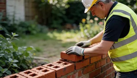 A bricklayer wearing a hard hat and safety vest places a red brick on a wall in a garden with blurred greenery in the background.