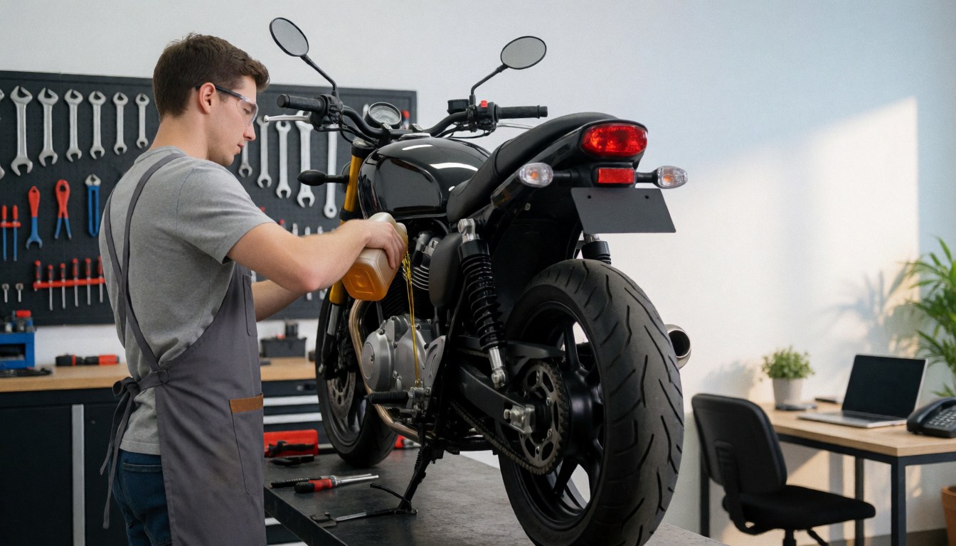 Mechanic pouring oil into motorcycle on stand with tools on wall and natural light