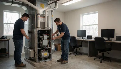 Two technicians working on a gas heater with exposed pipes and wires in an office with desks and computers