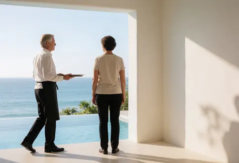 Waiter with tray serving a client near an infinity pool with ocean view, clean professional resort atmosphere.