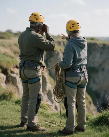 Two climbers wearing yellow helmets and harnesses stand at the base of a cliff, one pointing out a route while the other adjusts their gear during an outdoor training session.