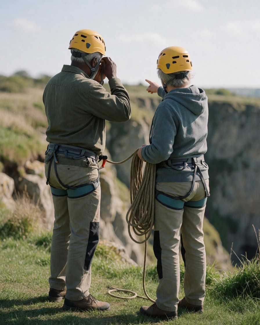 Two climbers wearing yellow helmets and harnesses stand at the base of a cliff, one pointing out a route while the other adjusts their gear during an outdoor training session.