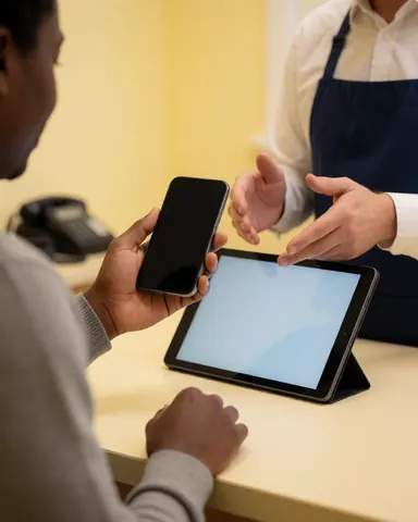 A customer displays a broken mobile phone to a repair technician who is using a tablet to diagnose the issue in a shop with yellow walls.