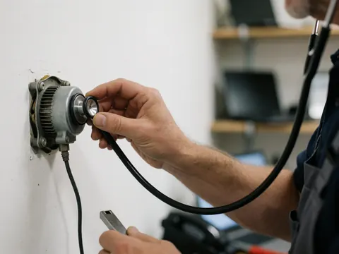 Technician using a stethoscope to diagnose a dryer motor in a workshop with a white background and natural lighting