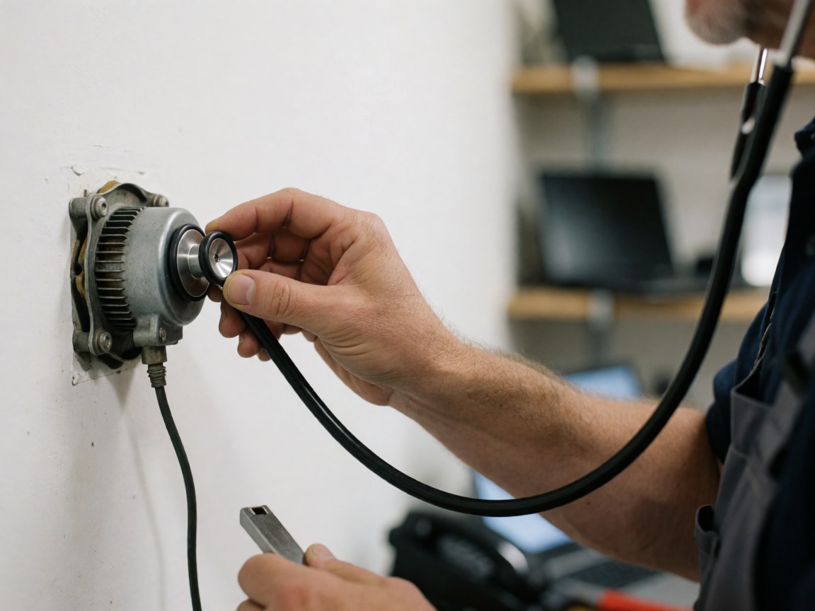 Technician using a stethoscope to diagnose a dryer motor in a workshop with a white background and natural lighting