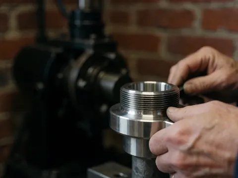 Close-up of a hand adjusting a threaded metal valve in an industrial workshop with a brick wall background