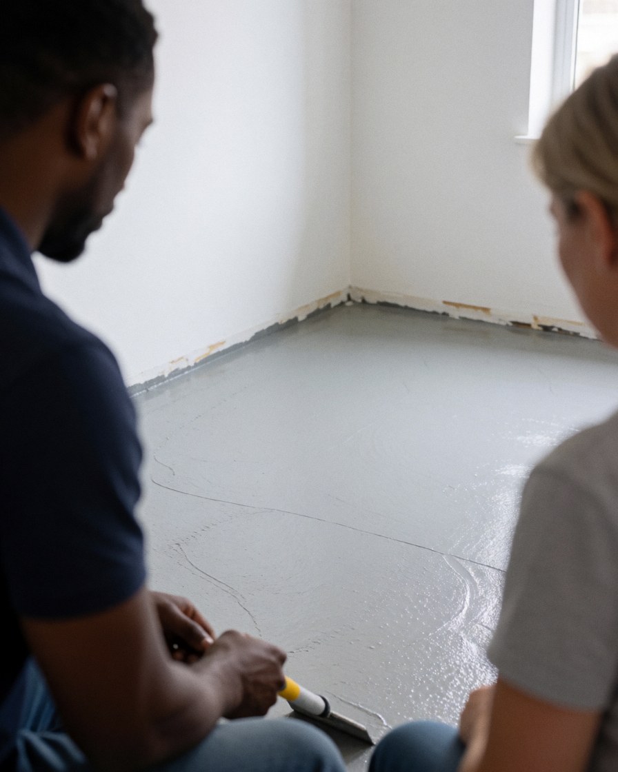 A professional installer applies gray leveling compound to a floor while a client observes in a bright room with white walls