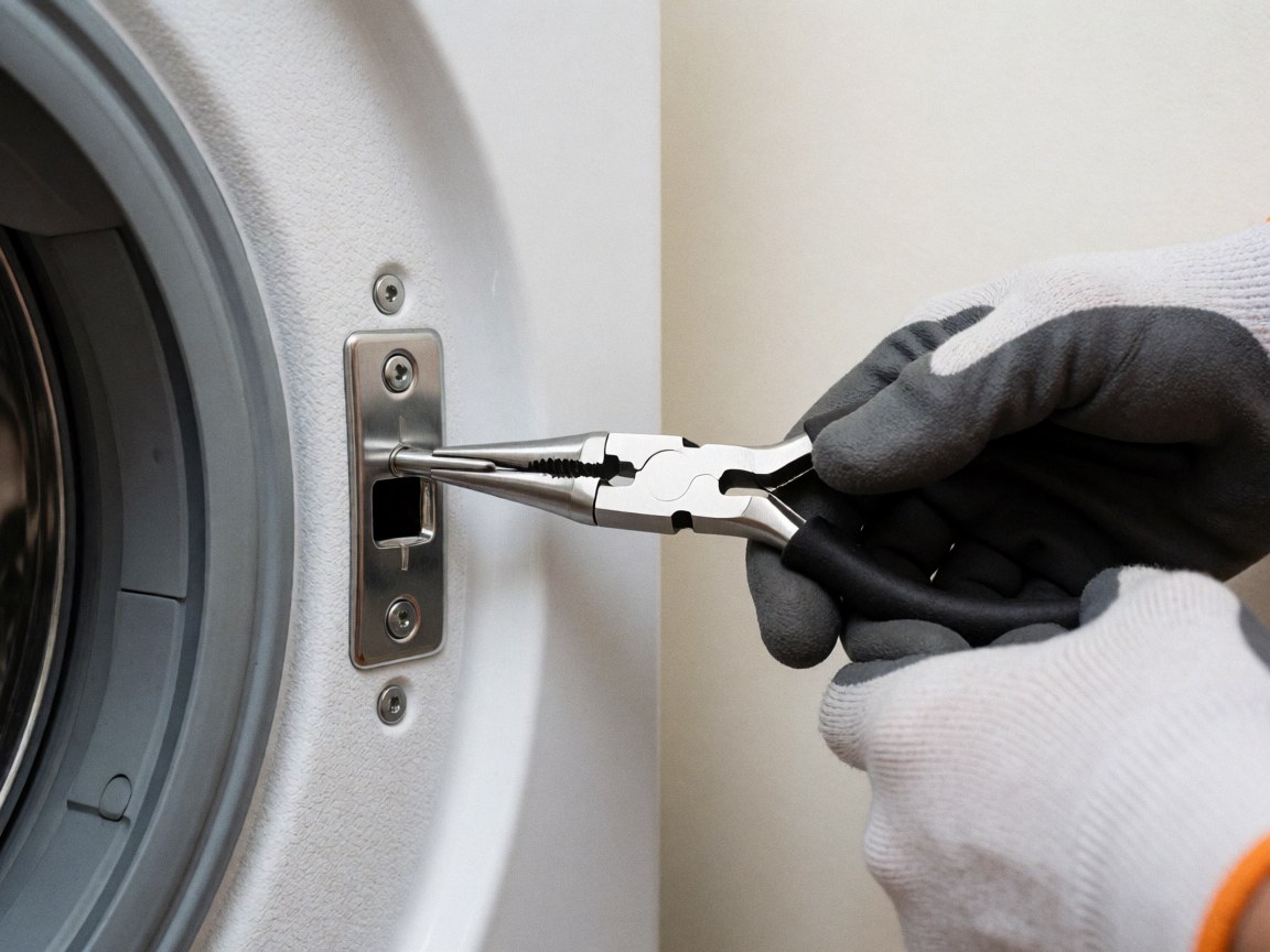 Gloved hand inserting a metal pin into the textured white interior of a washing machine door using pliers