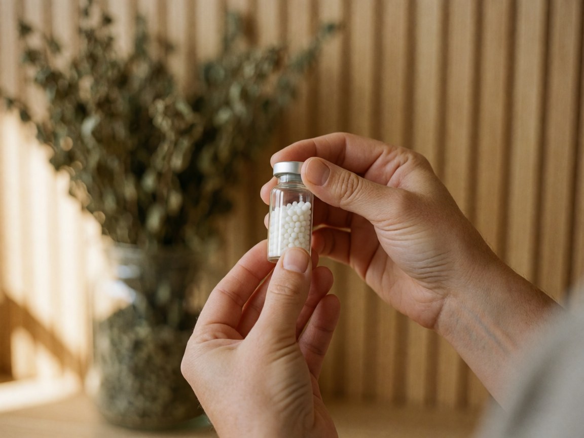 Hands holding a glass vial with white homeopathic globules against a background of dried herbs and light wood walls