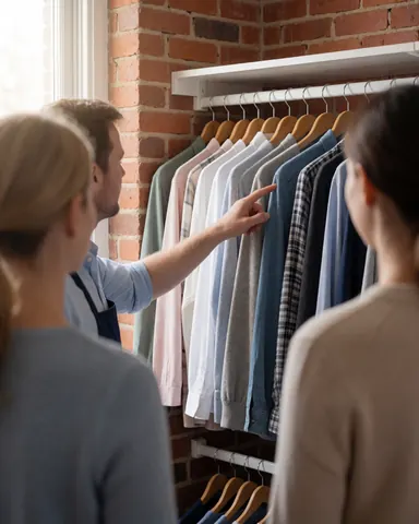 Cleaner in apron points to organized hanging clothes in brick closet while satisfied client watches