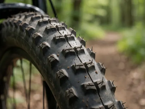 Detailed view of a mountain bike tire tread featuring deep grooves filled with dry dirt, set against a blurred forest trail background.