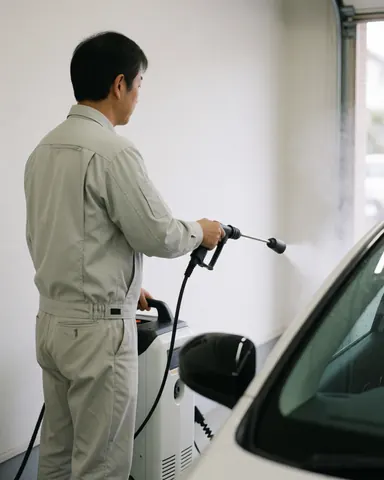 Technician in uniform using a steam cleaning machine on a vehicle inside a white garage during a car wash service