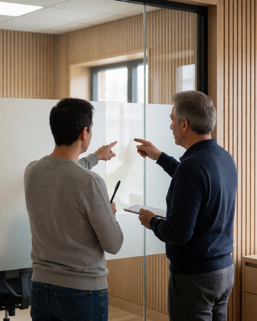 Two men discussing glass finishing options in a professional office setting with wooden walls and natural light.