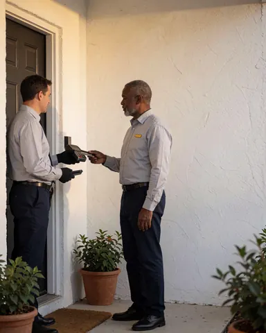 Repair technician accepting a card payment on a residential porch with white walls and plants in warm lighting