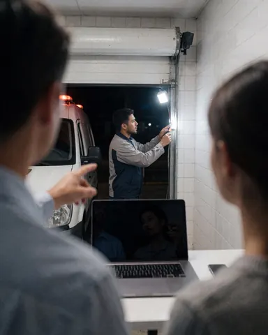Technician in uniform repairing a garage door using a work light while a customer watches from inside during a nighttime service call.