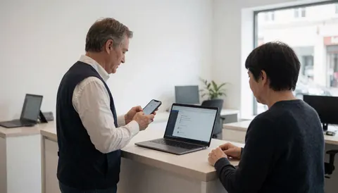 Technician inspects a mobile phone while a customer watches on a laptop in a modern phone repair shop.