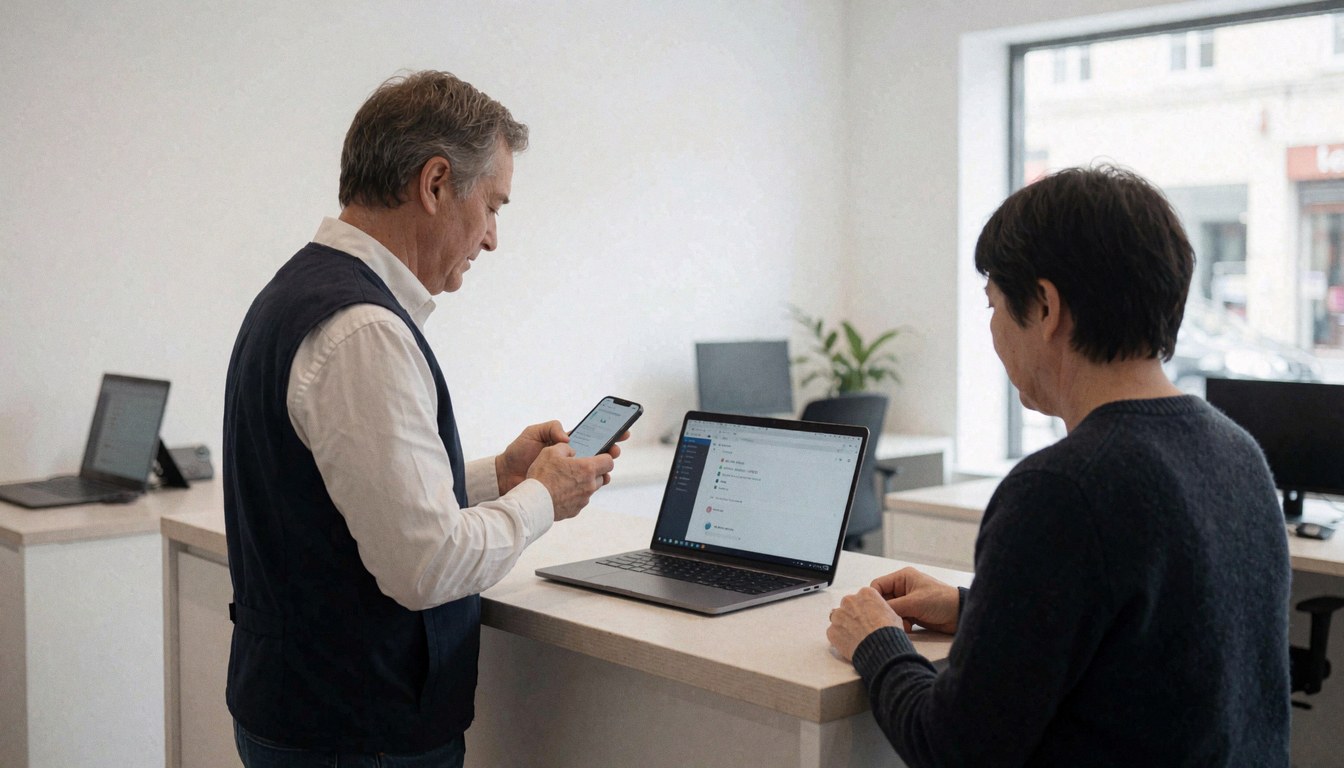 Technician inspects a mobile phone while a customer watches on a laptop in a modern phone repair shop.