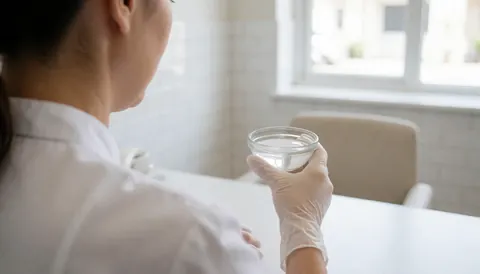 A manicurist wearing gloves holds a bowl of acetone in a salon with white tiled walls and natural light.