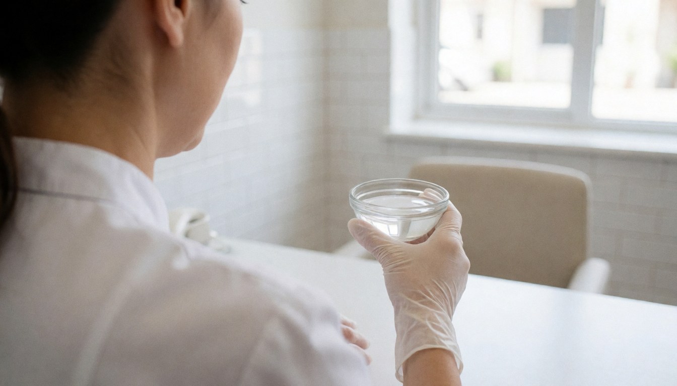 A manicurist wearing gloves holds a bowl of acetone in a salon with white tiled walls and natural light.
