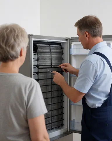 Kitchen appliance repair technician displays a clean condenser part to a customer in a modern kitchen with an open refrigerator.