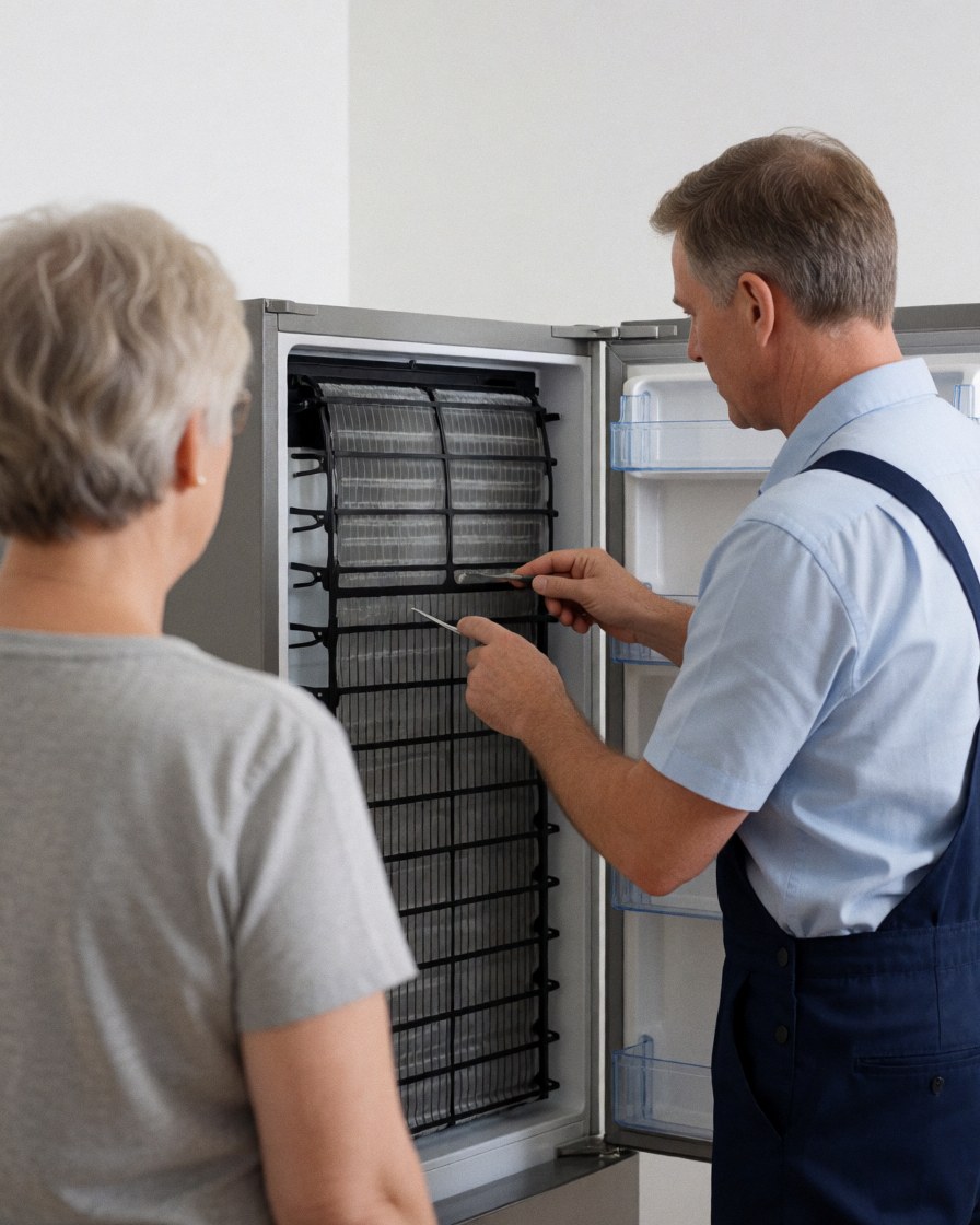 Kitchen appliance repair technician displays a clean condenser part to a customer in a modern kitchen with an open refrigerator.
