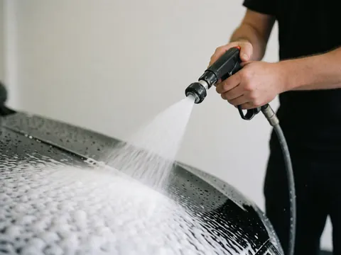 Foam covers the black car hood while water drips during a professional car wash service against a white background
