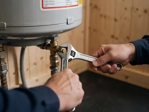 Close-up of a hand using an adjustable wrench to tighten a gas valve on a water heater tank against a light wood wall