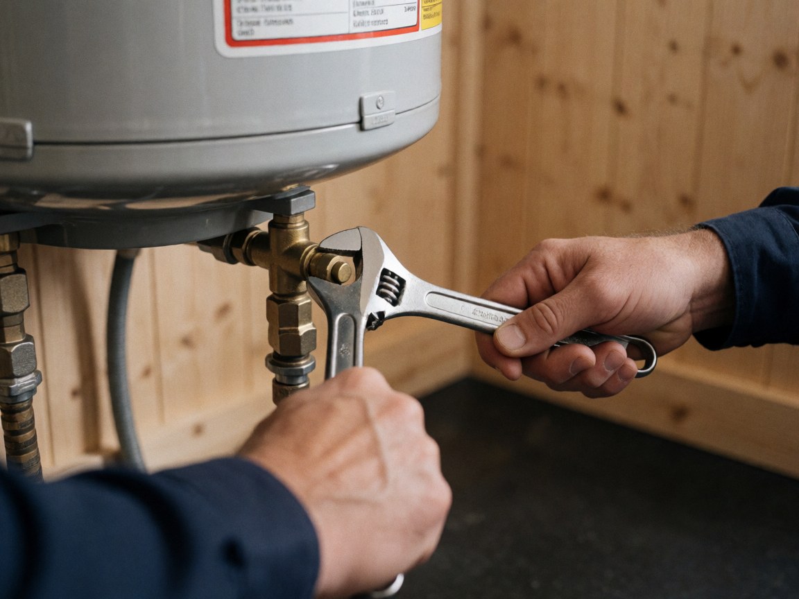 Close-up of a hand using an adjustable wrench to tighten a gas valve on a water heater tank against a light wood wall
