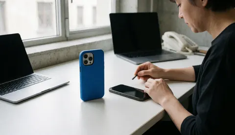 A blue phone case rests on a white desk next to a smartphone, with a concrete wall and natural light in the background.