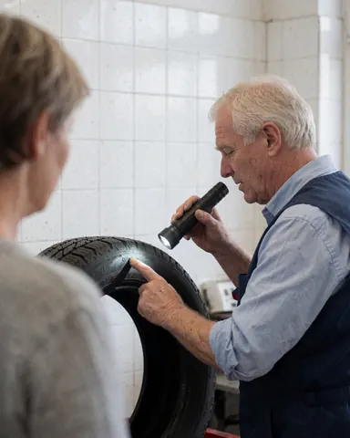 Mechanic examining tire damage with flashlight while customer watches in repair shop