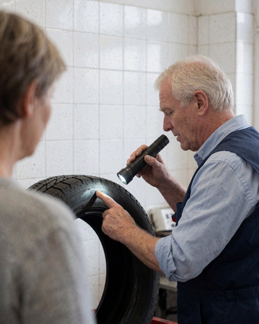 Mechanic examining tire damage with flashlight while customer watches in repair shop