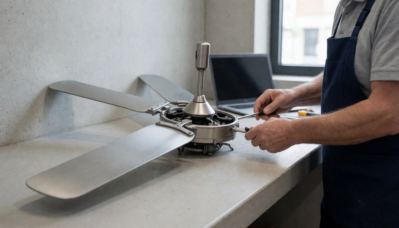 Technician repairing a fan with exposed motor and tools on a concrete workbench