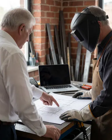 A client and a welder examine a technical blueprint together in a workshop with a brick wall and tools nearby.