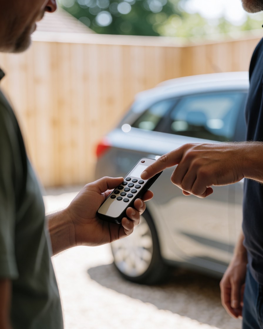 A happy customer holds a new remote control handed to them by a locksmith in an outdoor driveway setting.