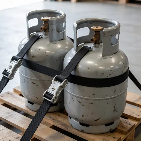 Two black propane gas cylinders secured with ratchet straps on a wooden pallet inside a warehouse for industrial freight transport