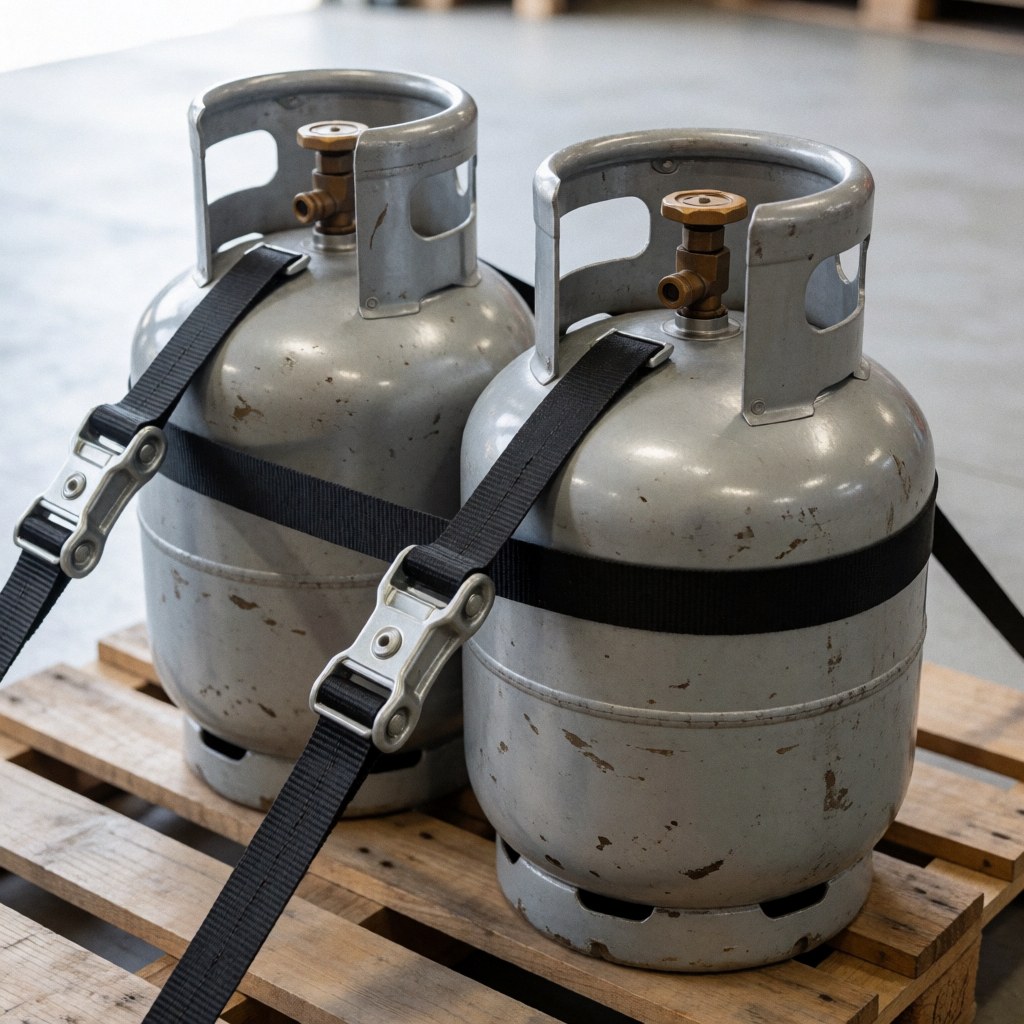 Two black propane gas cylinders secured with ratchet straps on a wooden pallet inside a warehouse for industrial freight transport